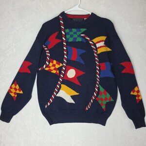 VTG MEZZO Sweater Mens Med Blue Knit Crewneck 90s Flags Winners Circle Racing